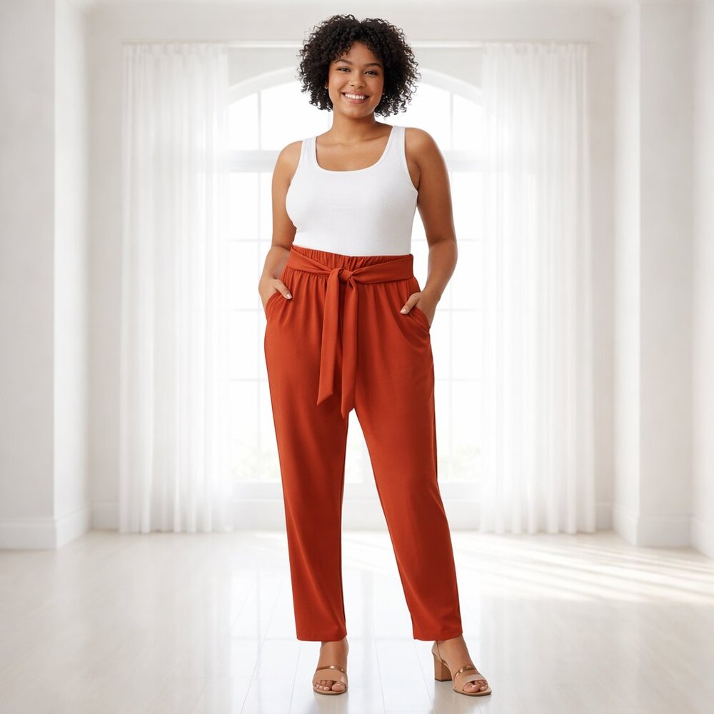 ShoSho Rusty Orange High Rise Belted Pants | Elastic Waist Medium
